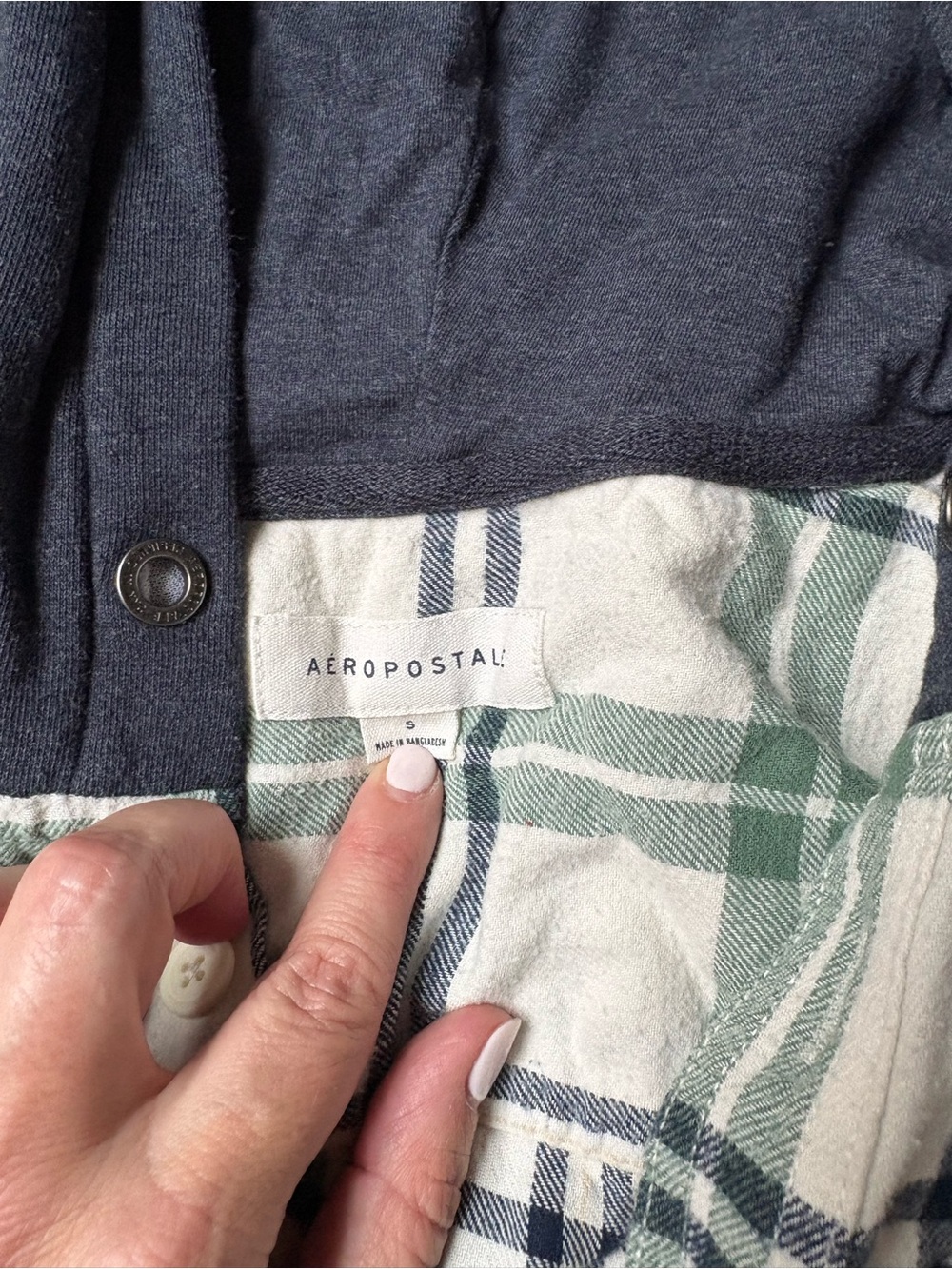 Aeropostale Navy Blue Hooded Shirt with Green Plaid Lining